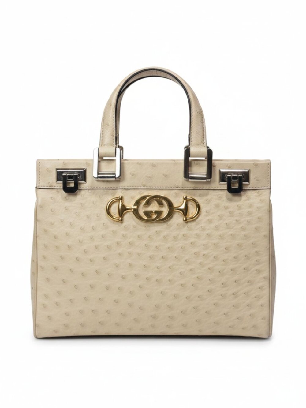 GUCCI Zumi Ostrich Small Top Handle Bag Cream Ivory Gold Horsebit GG Exotic